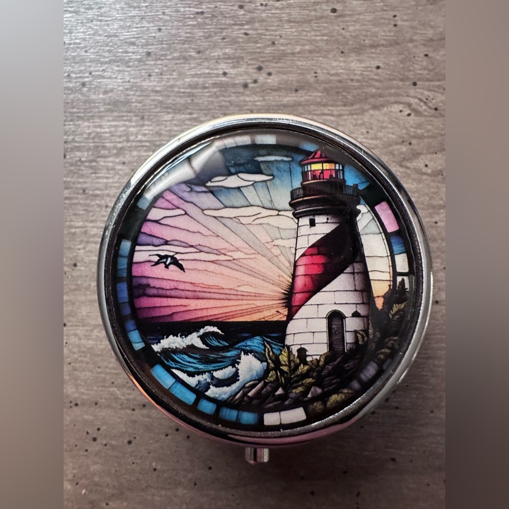 Stained Glass Lighthouse Pill Box